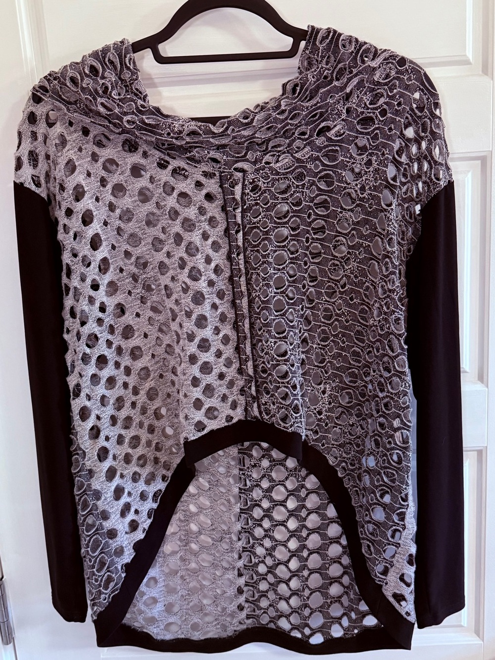 Gray Lacey crochet Long Sleeve Top with ombre colour and high low cut